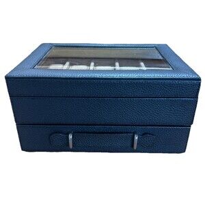 Fossil 10 Piece Watch Box Black w/ Storage Pull Out Drawer Jewelry Leather Trim